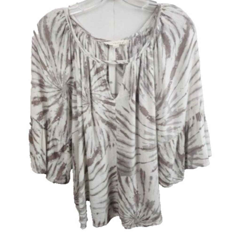 Lovestitch Womens BOHO Top Medium Beige White‎ Tie Dye Bell Sleeve Cottagecore